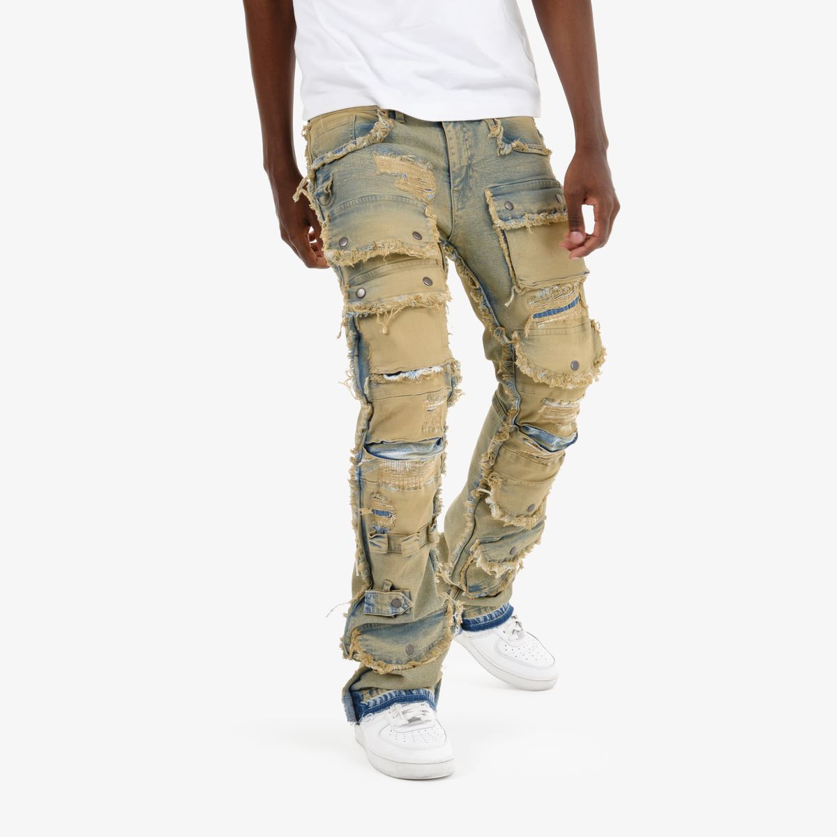 Cargo Pocket Patch Jeans - Blue Wash