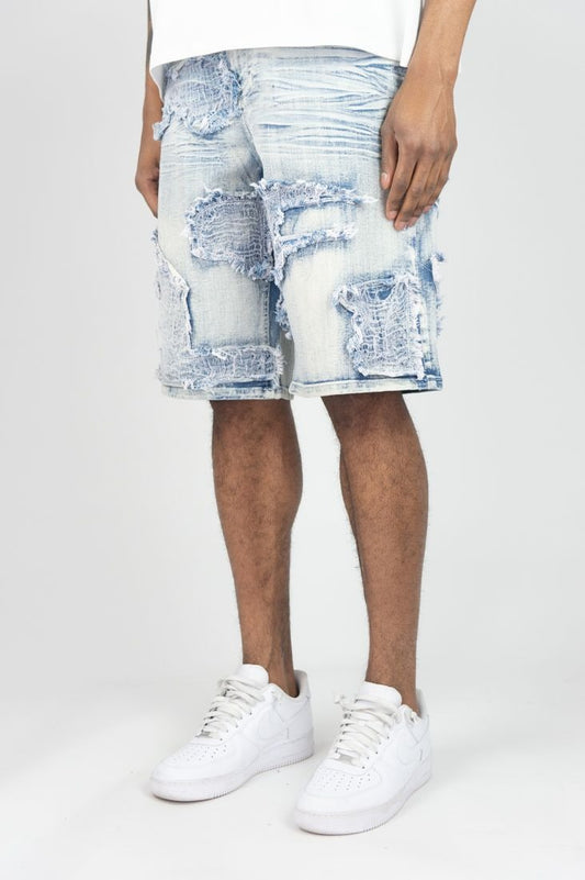 Burlap Patched Shorts- Light Blue