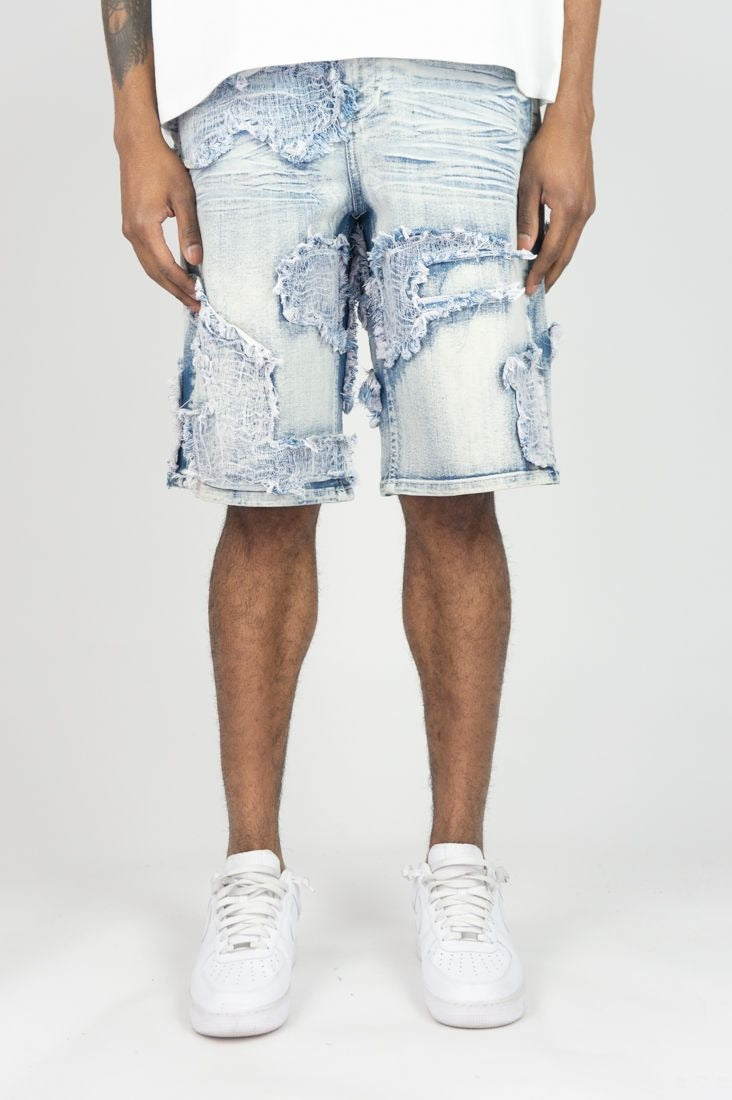 Burlap Patched Shorts- Light Blue