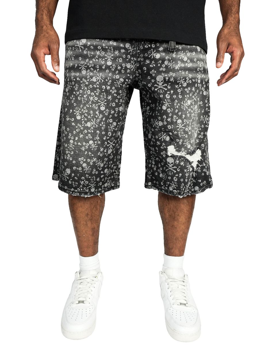 Skull Print Denim Shorts - Black