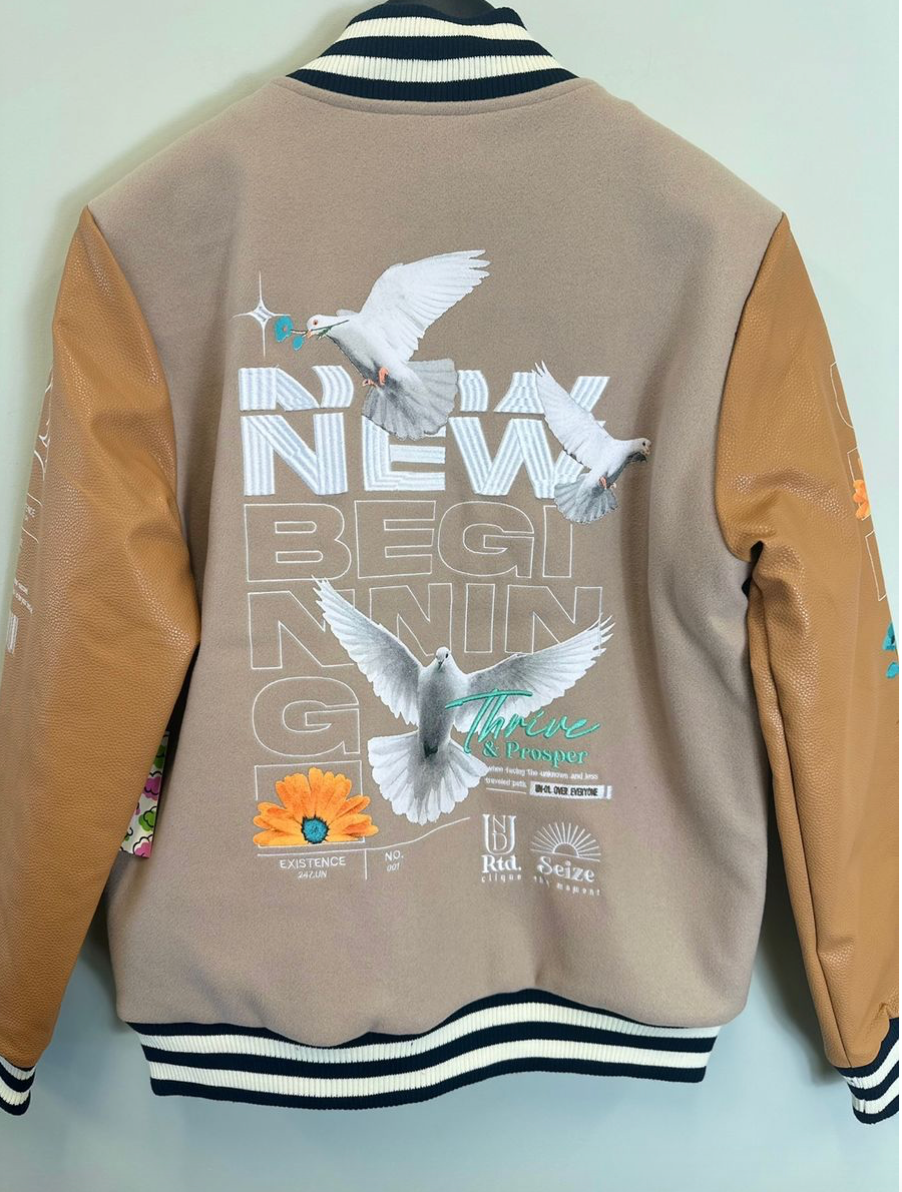 Divine Aura Varsity Jacket - Taupe