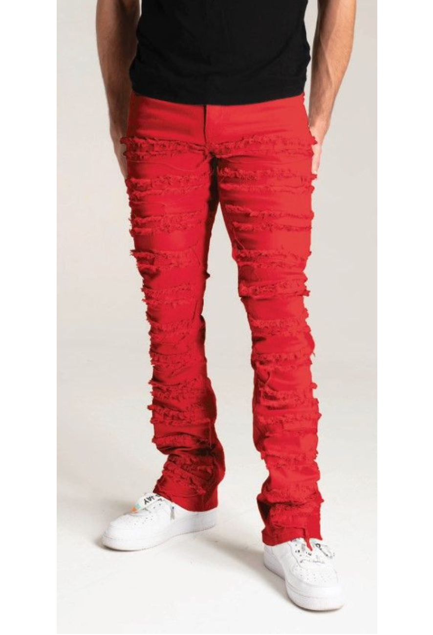 Distressed Stacked Jeans - Red