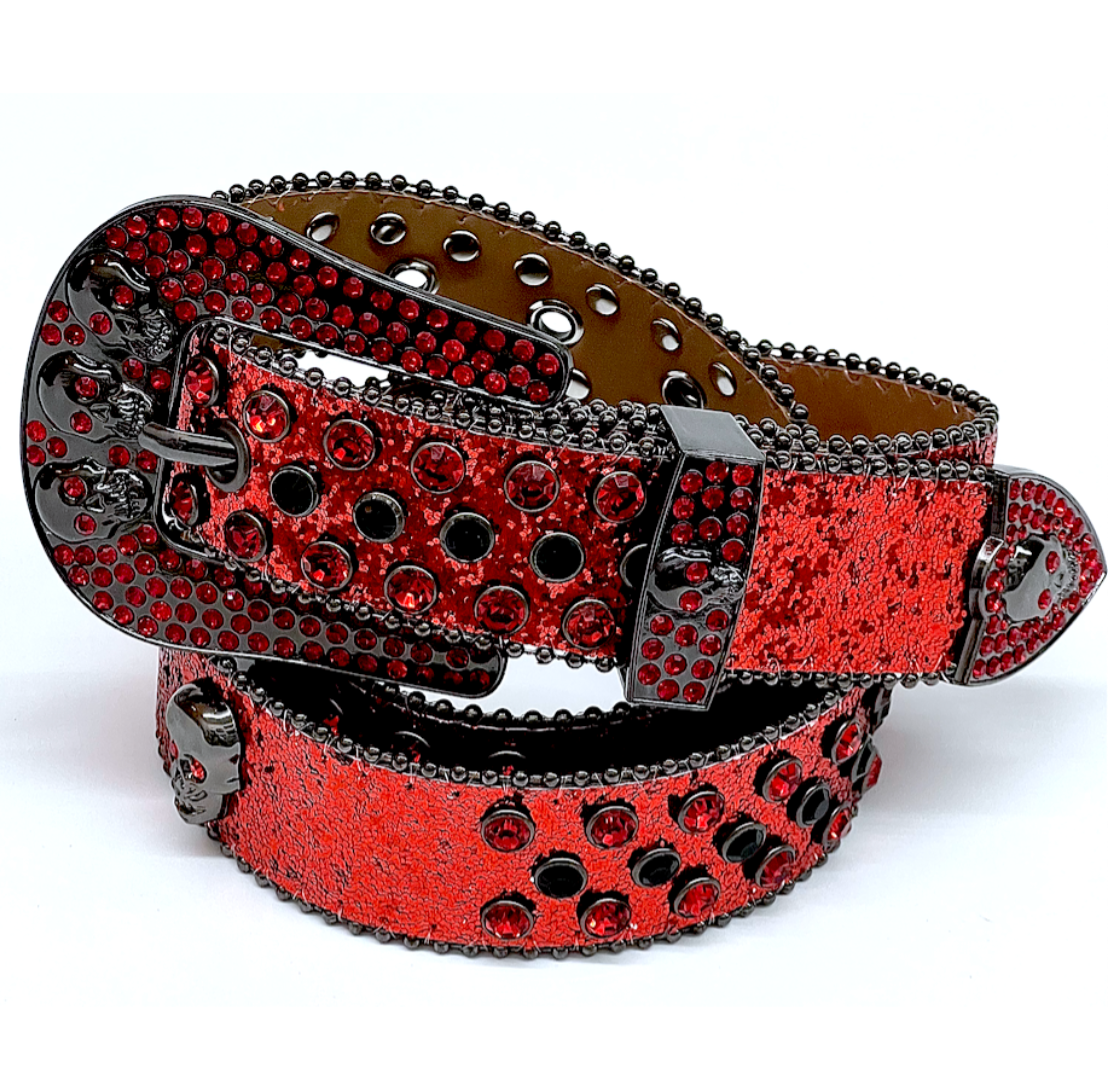 Rhinestone Skulls Belt - Red/Black