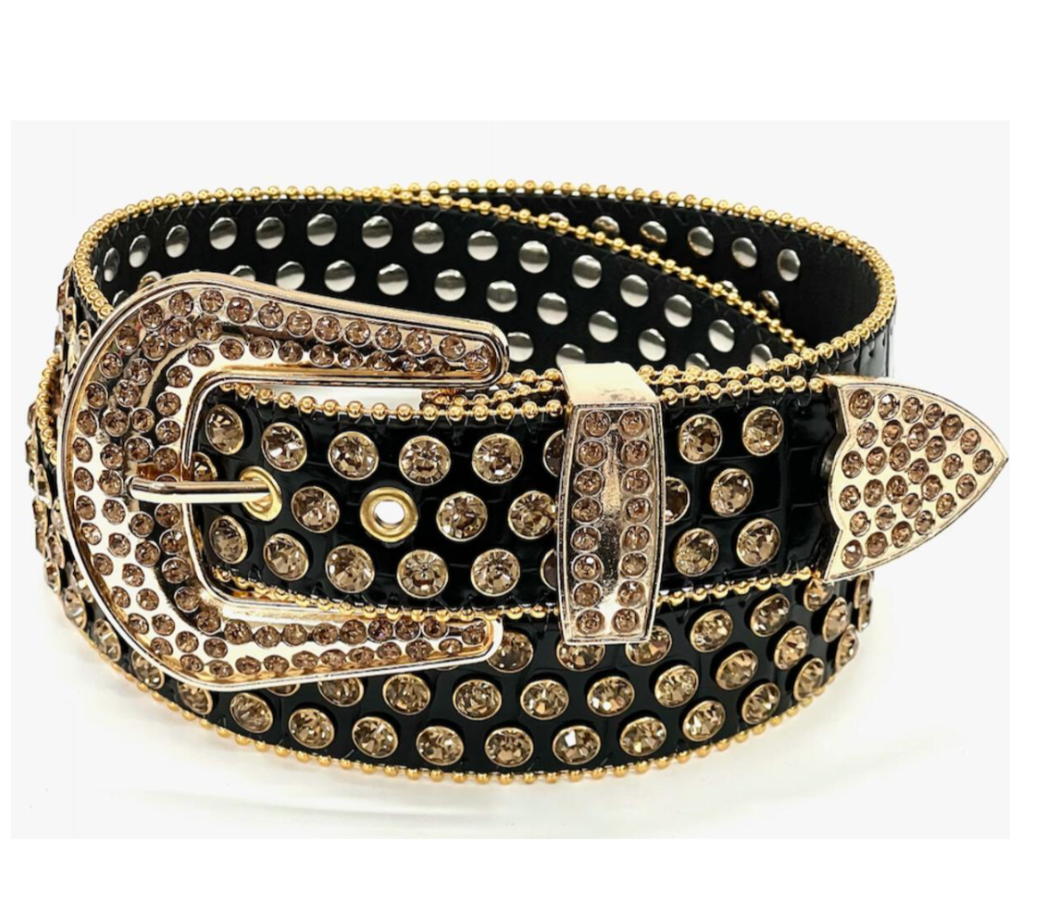 Rhinestone Skulls Belt -Black/Gold