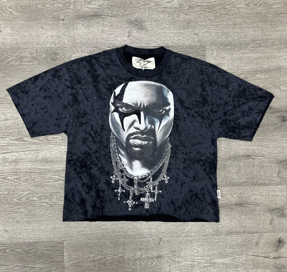 "Star Face" F-Terry Cropped Tee - Washed Black