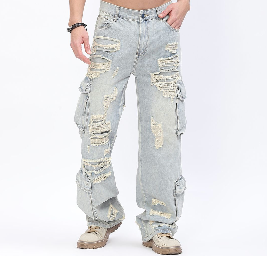 Baggy Cargo Jeans with Rip & Repair - Light Wash