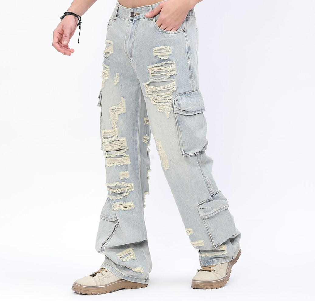 Baggy Cargo Jeans with Rip & Repair - Light Wash