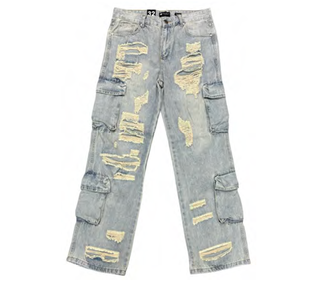 Baggy Cargo Jeans with Rip & Repair - Light Wash