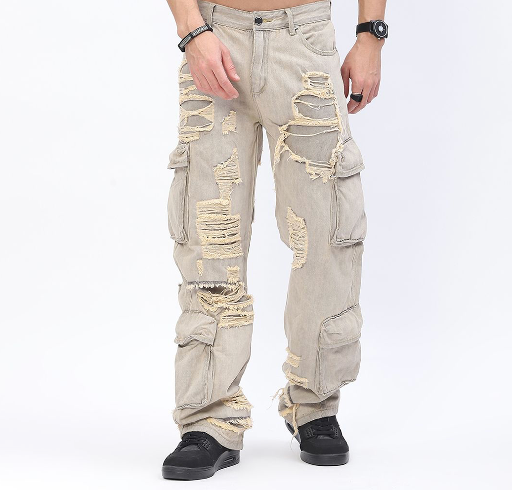 Baggy Cargo Jeans with Rip & Repair - Grey Sand