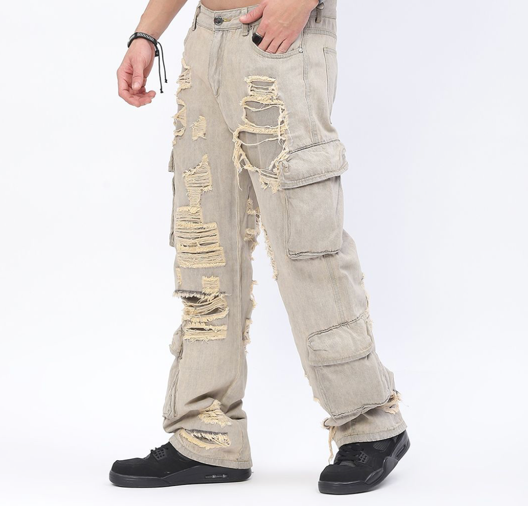 Baggy Cargo Jeans with Rip & Repair - Grey Sand