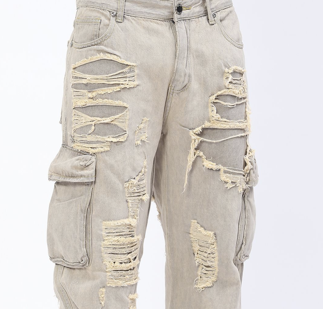 Baggy Cargo Jeans with Rip & Repair - Grey Sand