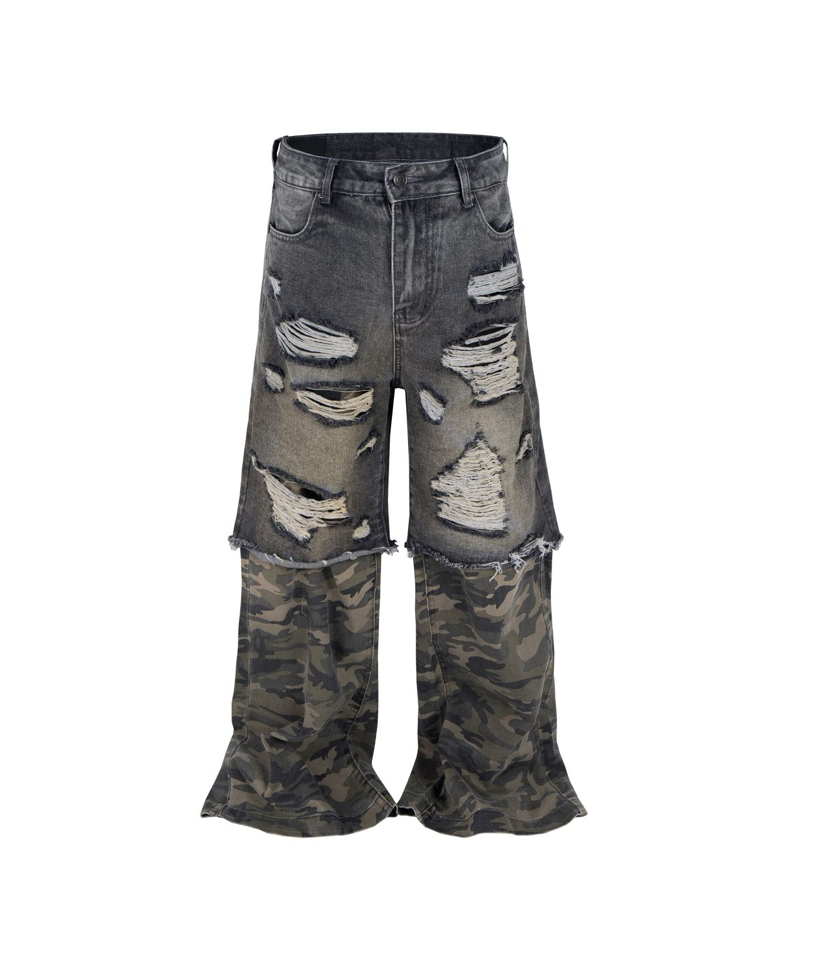 Distressed Split Camo Denim Jeans - Black/Camo