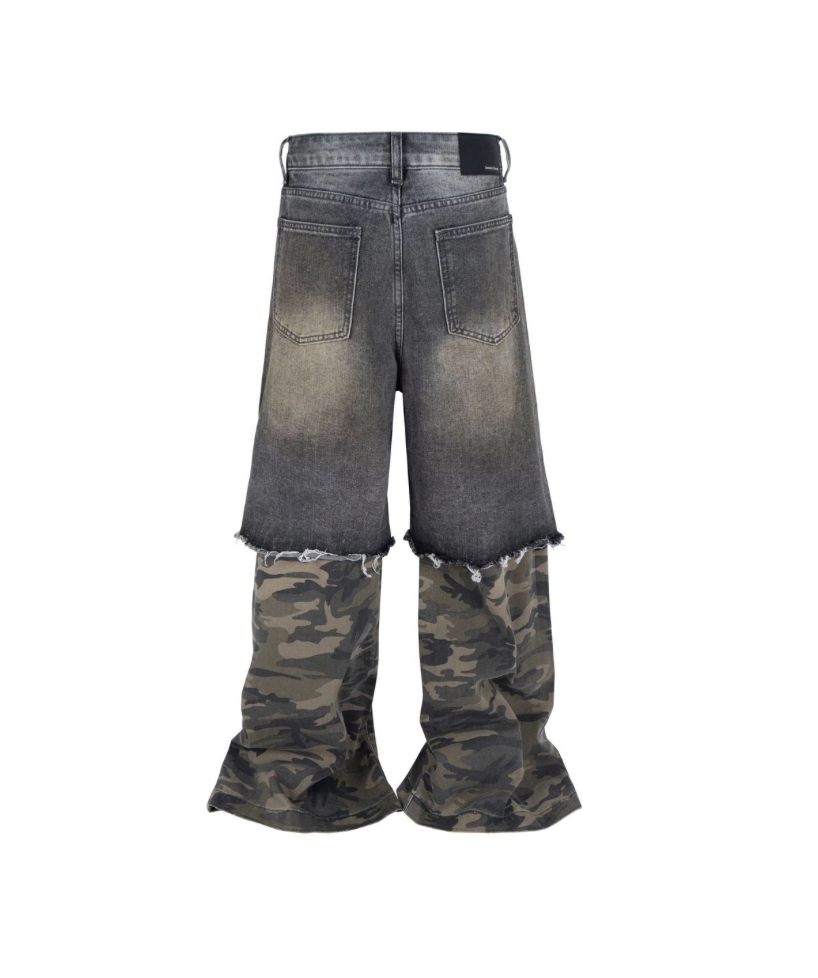 Distressed Split Camo Denim Jeans - Black/Camo