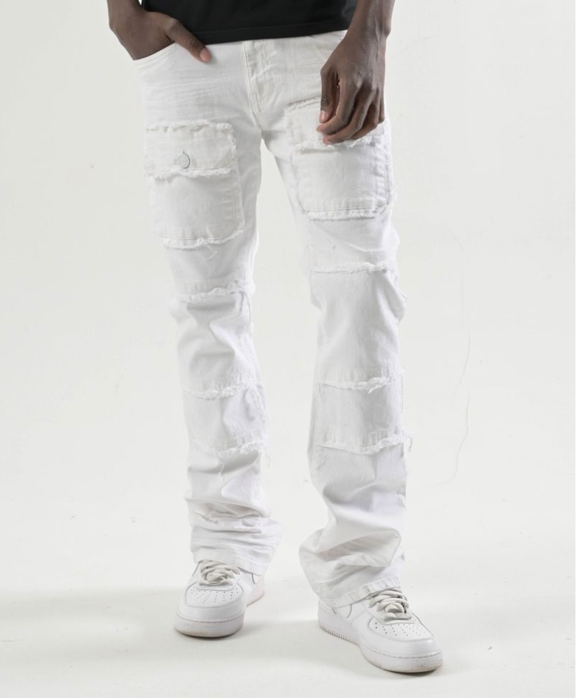 Stretch Stacked Pants with Frayed Pockets - White