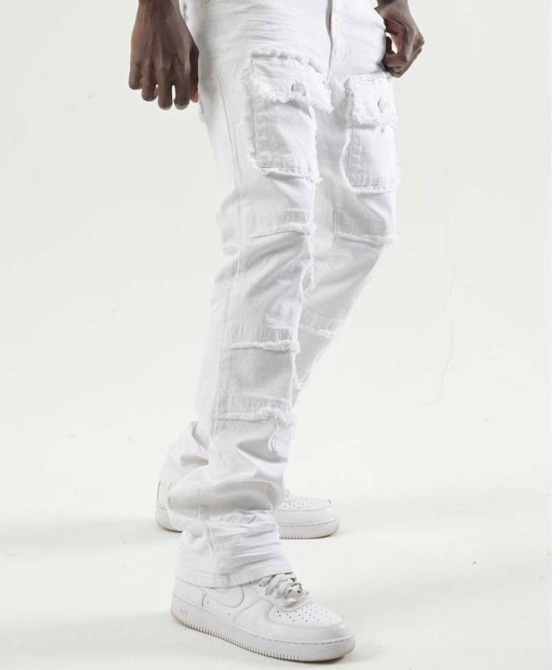 Stretch Stacked Pants with Frayed Pockets - White