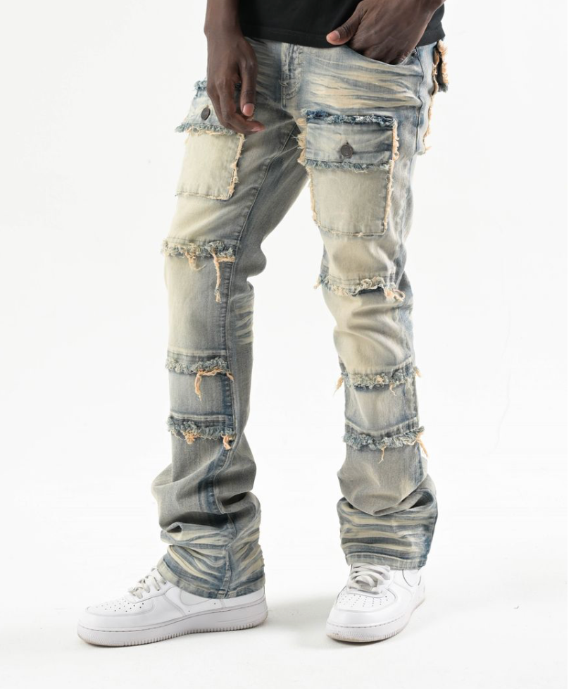 Stretch Stacked Pants with Frayed Pockets - Medium Wash