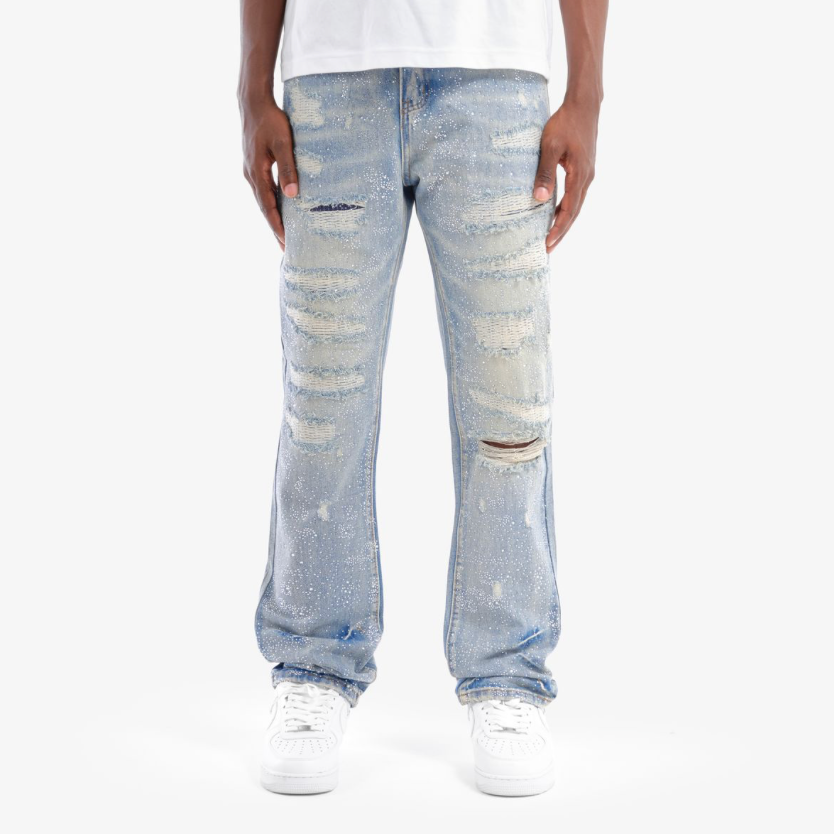 Full Rhinestone Denim Pants - Light Wash