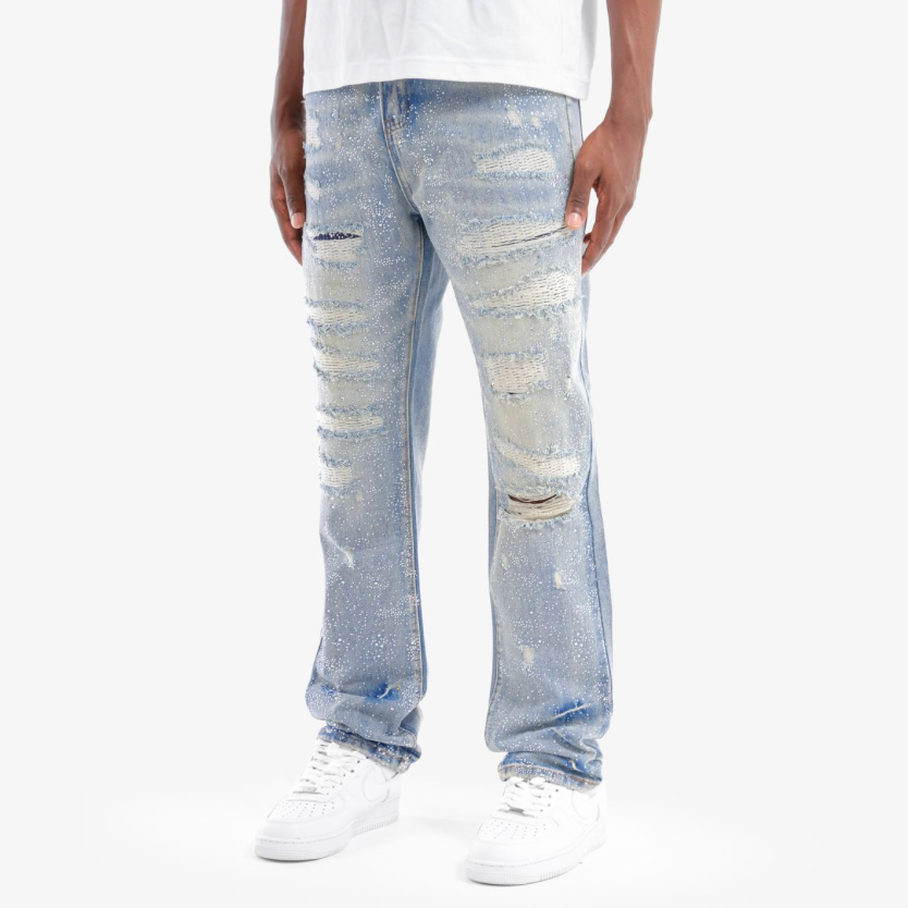 Full Rhinestone Denim Pants - Light Wash