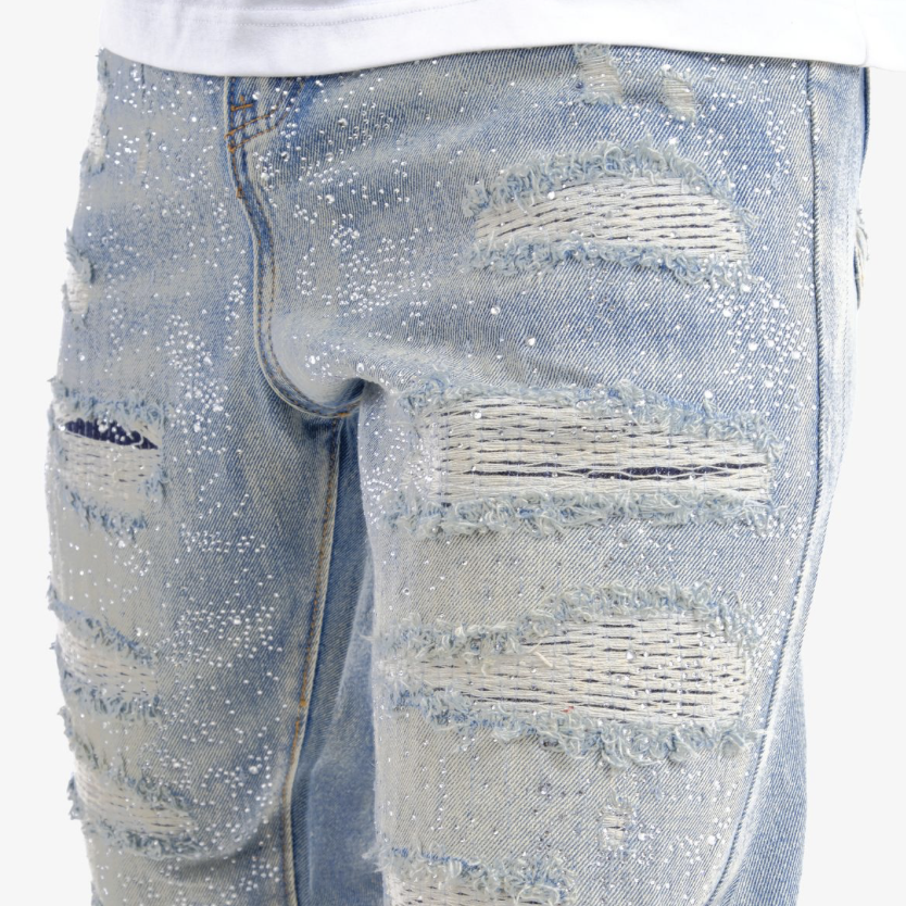 Full Rhinestone Denim Pants - Light Wash