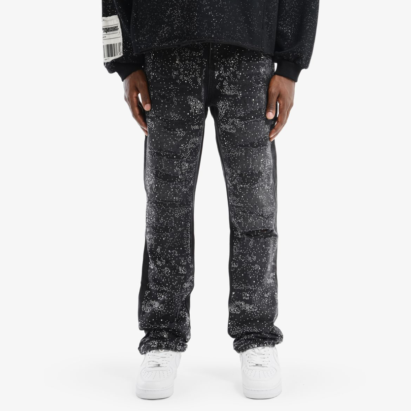 Full Rhinestone Denim Pants - Black