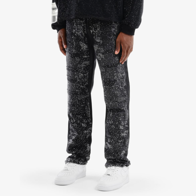 Full Rhinestone Denim Pants - Black