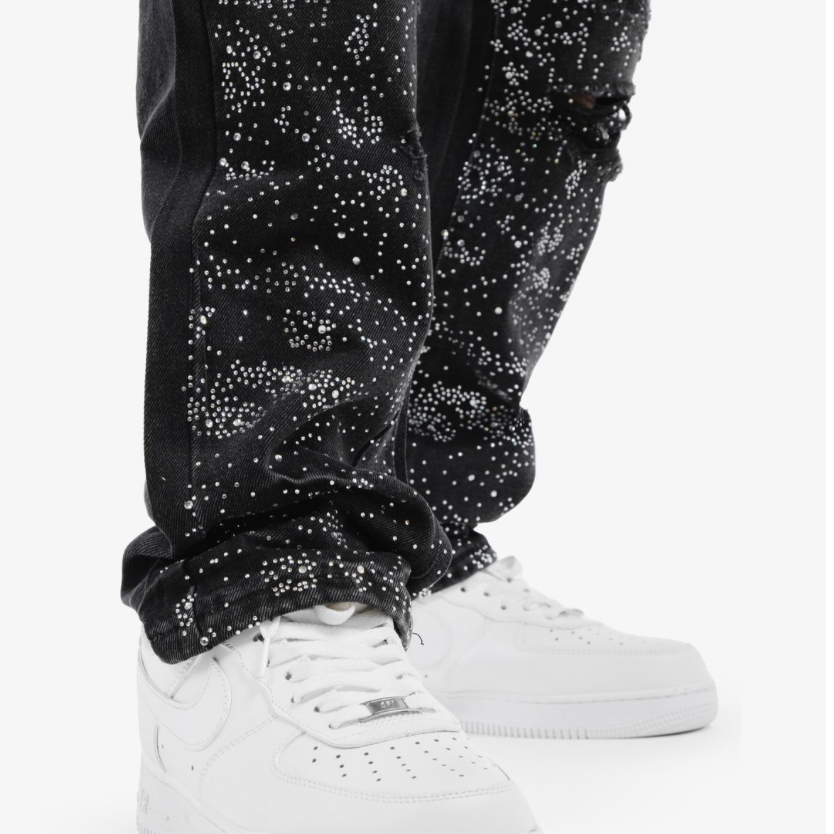 Full Rhinestone Denim Pants - Black
