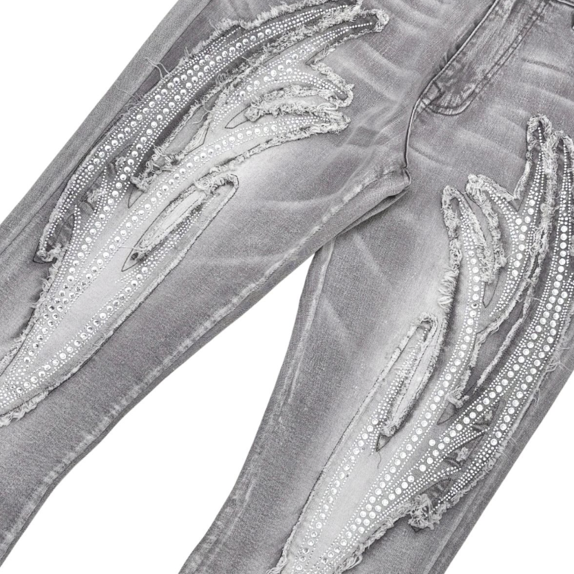 Rip & Repair Stacked Denim w/ Rhinestone Backing - Grey
