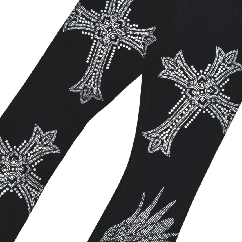 Large Crystal Rhinestone Stacked Denim Jeans - Black