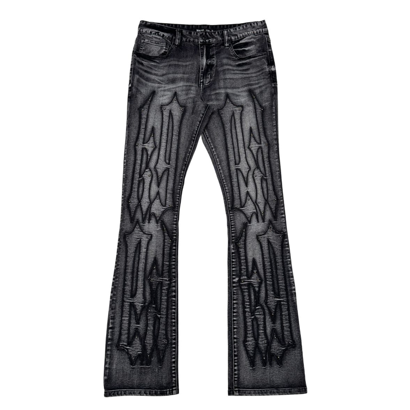 Embroidery + Studded Stacked Denim Jeans - Black