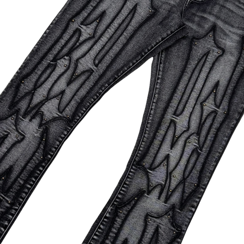 Embroidery + Studded Stacked Denim Jeans - Black