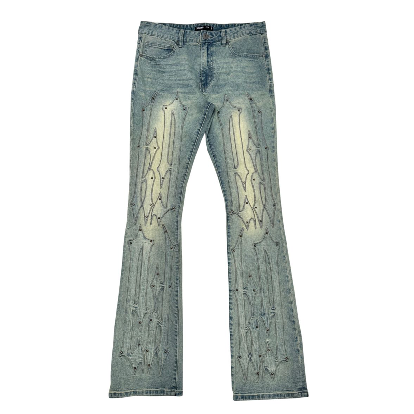 Embroidery + Studded Stacked Denim Jeans - Medium Wash