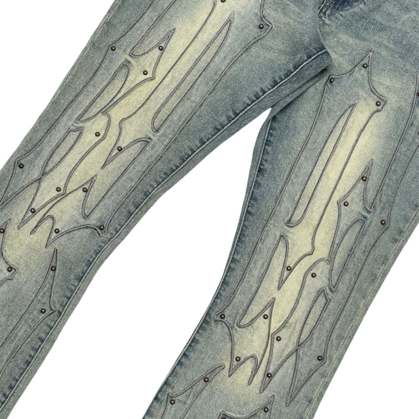 Embroidery + Studded Stacked Denim Jeans - Medium Wash