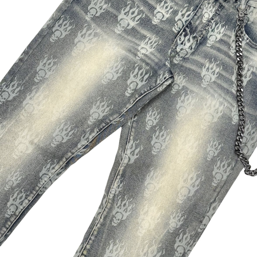 Laser Skull Print Slim Fit Denim w/ Chain
