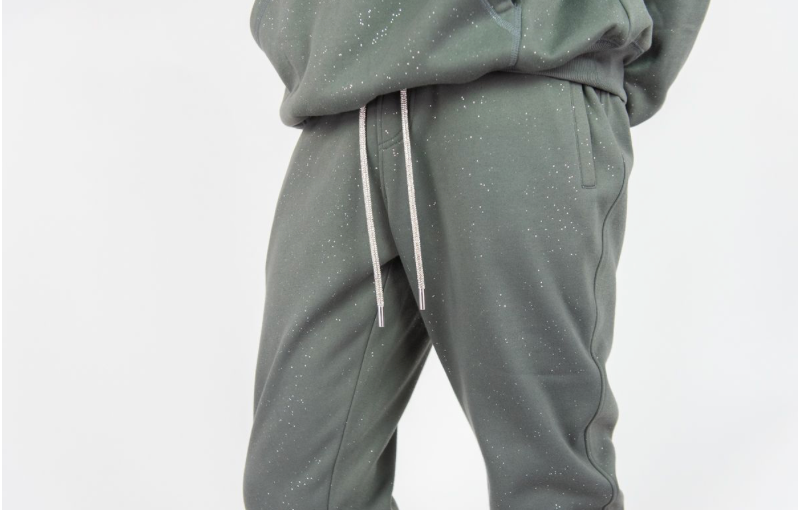 Shiny Fabric Pants w/ Rhinestone String - Charcoal