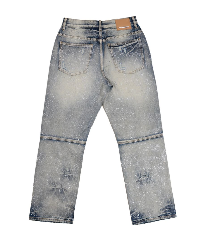 Rhinestone Denim Ripped Jeans - Light Wash