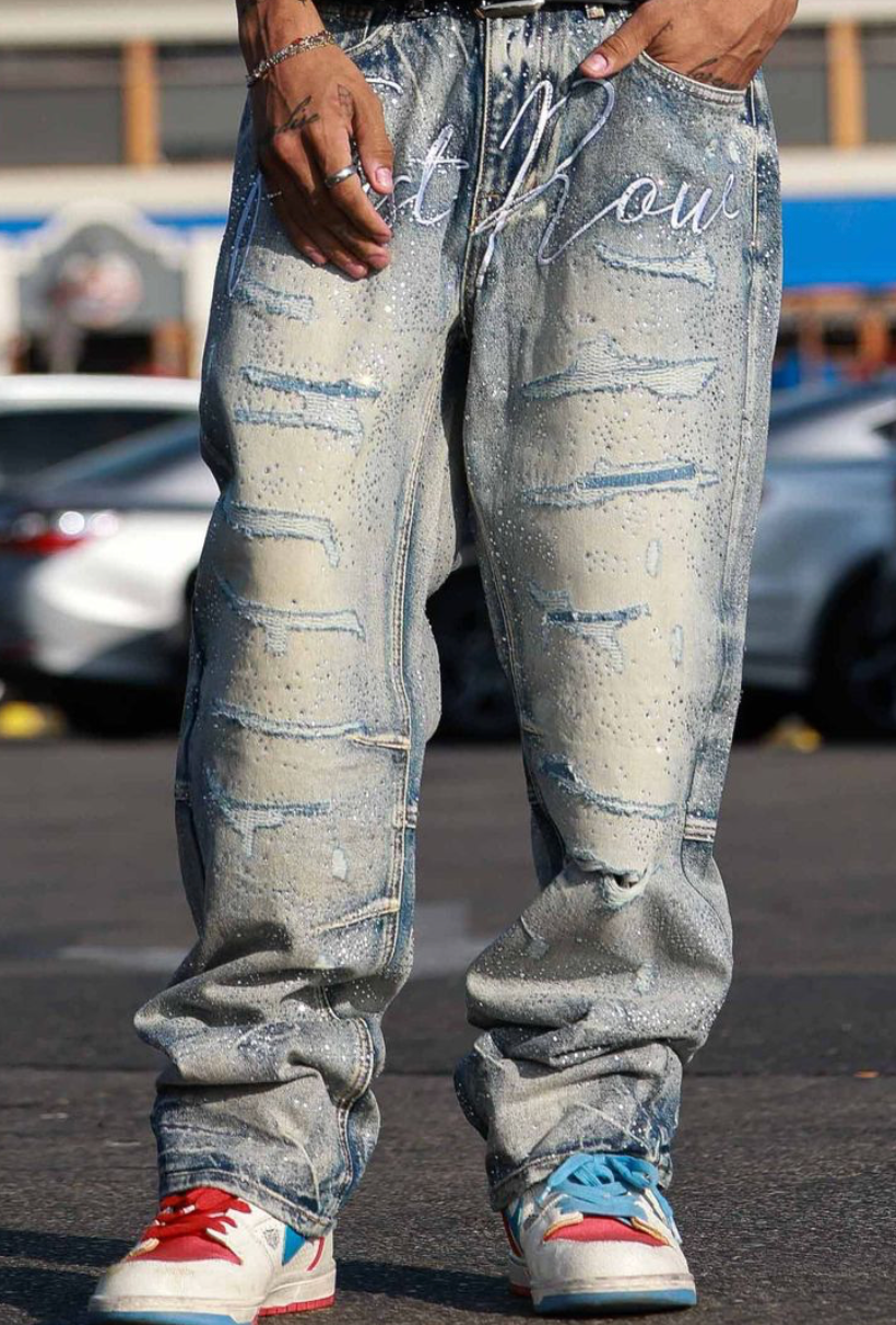 Rhinestone Denim Ripped Jeans - Light Wash