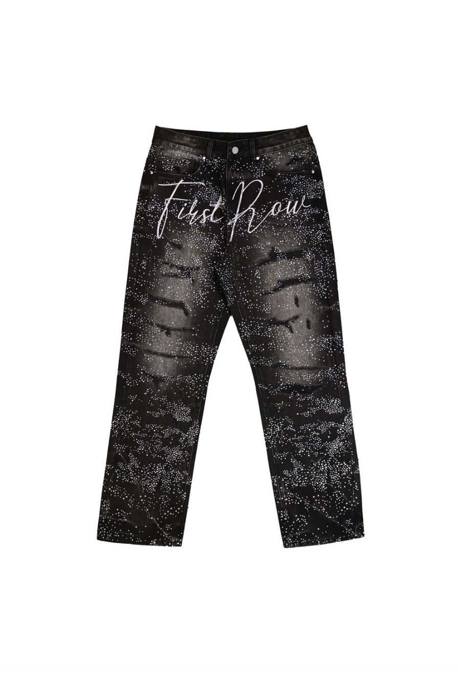 Rhinestone Denim Ripped Jeans - Black