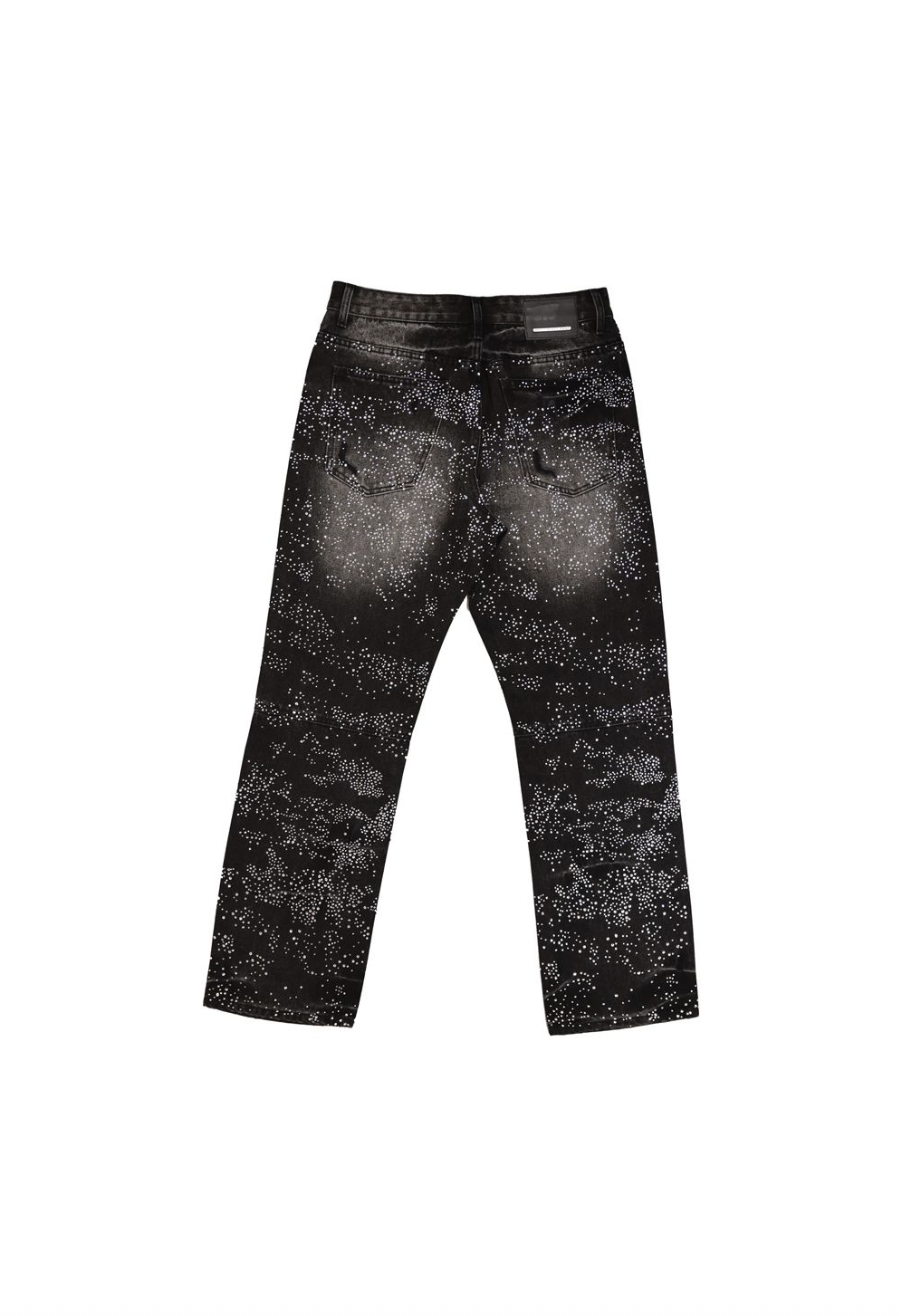 Rhinestone Denim Ripped Jeans - Black