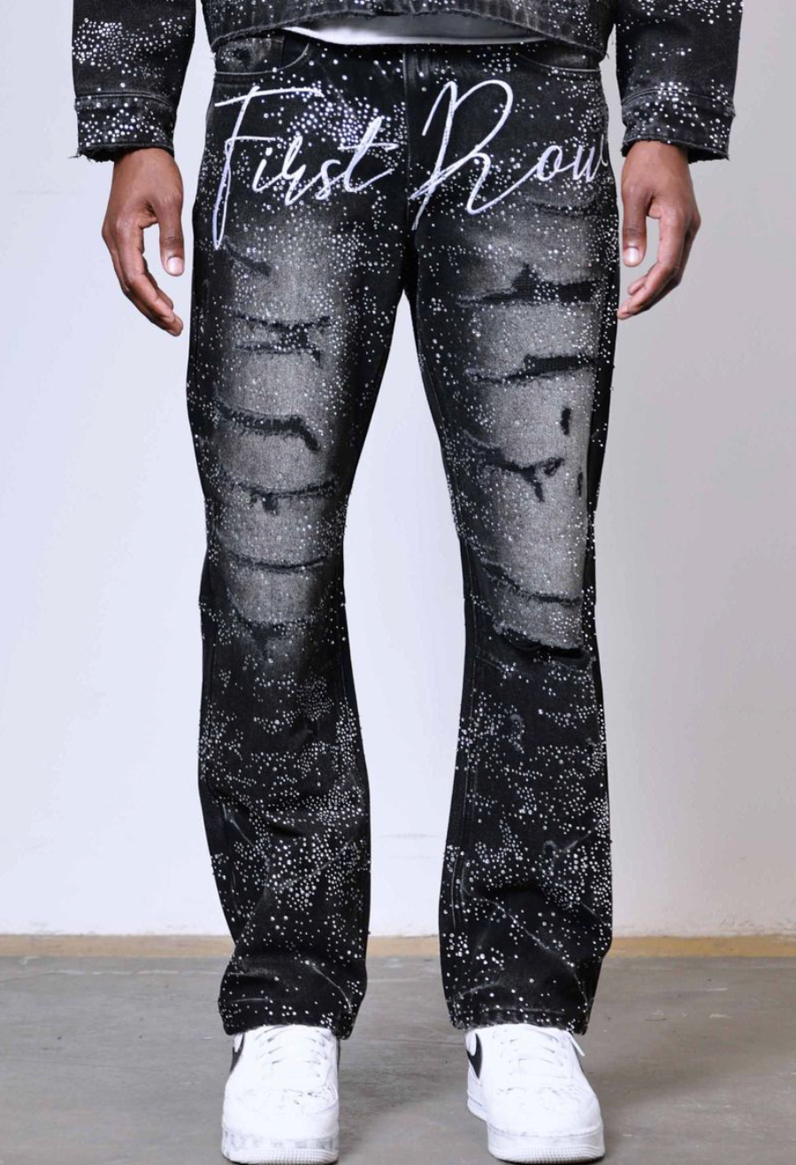 Rhinestone Denim Ripped Jeans - Black