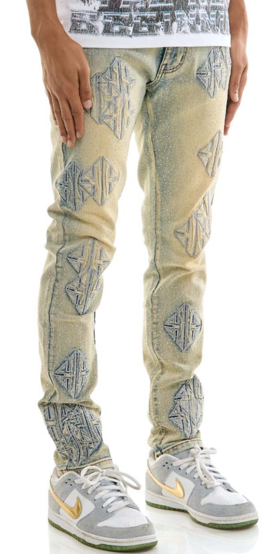 Patch and Rhinestone Skinny Jeans - Blue