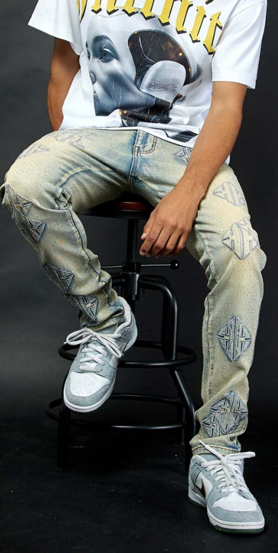 Patch and Rhinestone Skinny Jeans - Blue