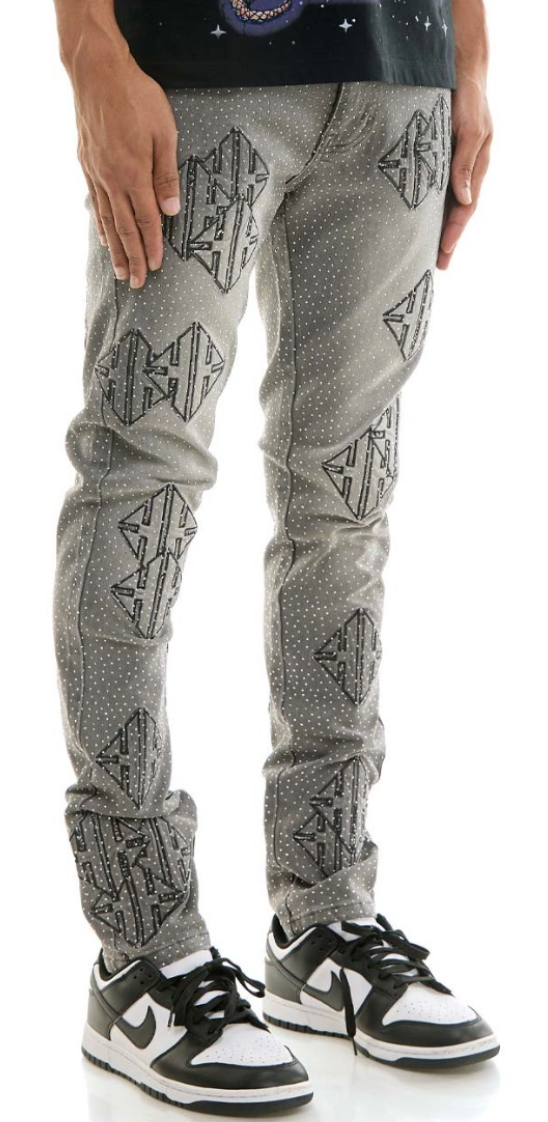Patch and Rhinestone Skinny Jeans - Grey
