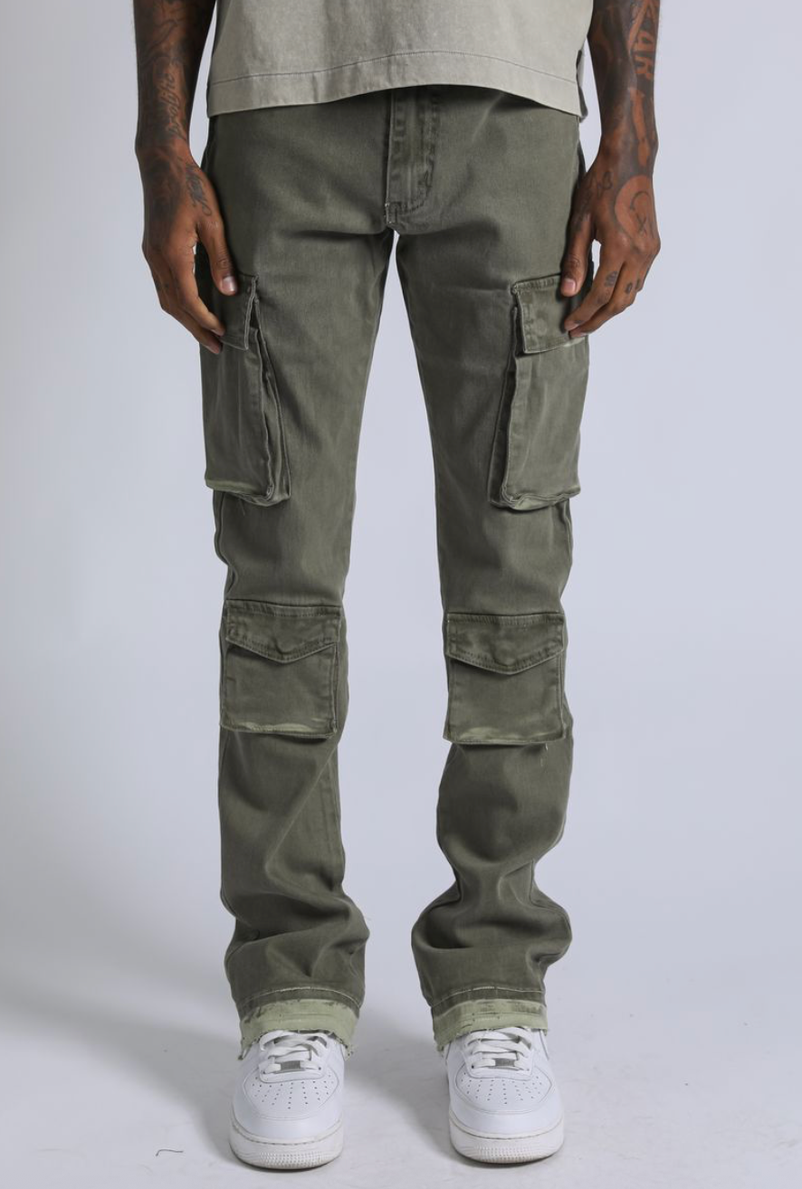 Dante Denim Jeans w/ Cargo Patch - Olive