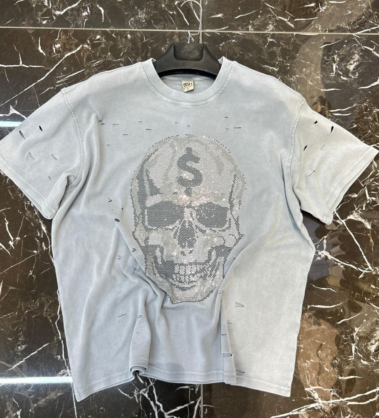 Rhinestone Skull Graphic Tee - Light Gray