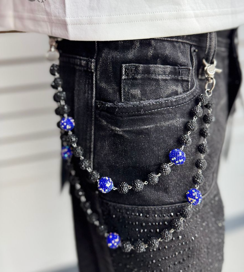 Rhinestone Wallet Chain - Black/Blue