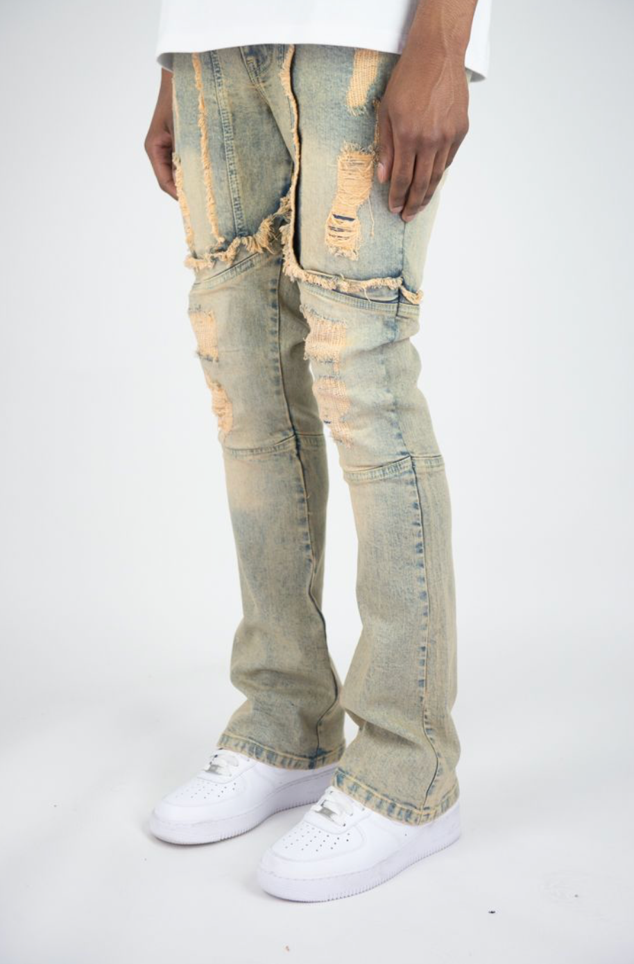 Washed Distress Stacked Denim Jeans - Vintage Blue