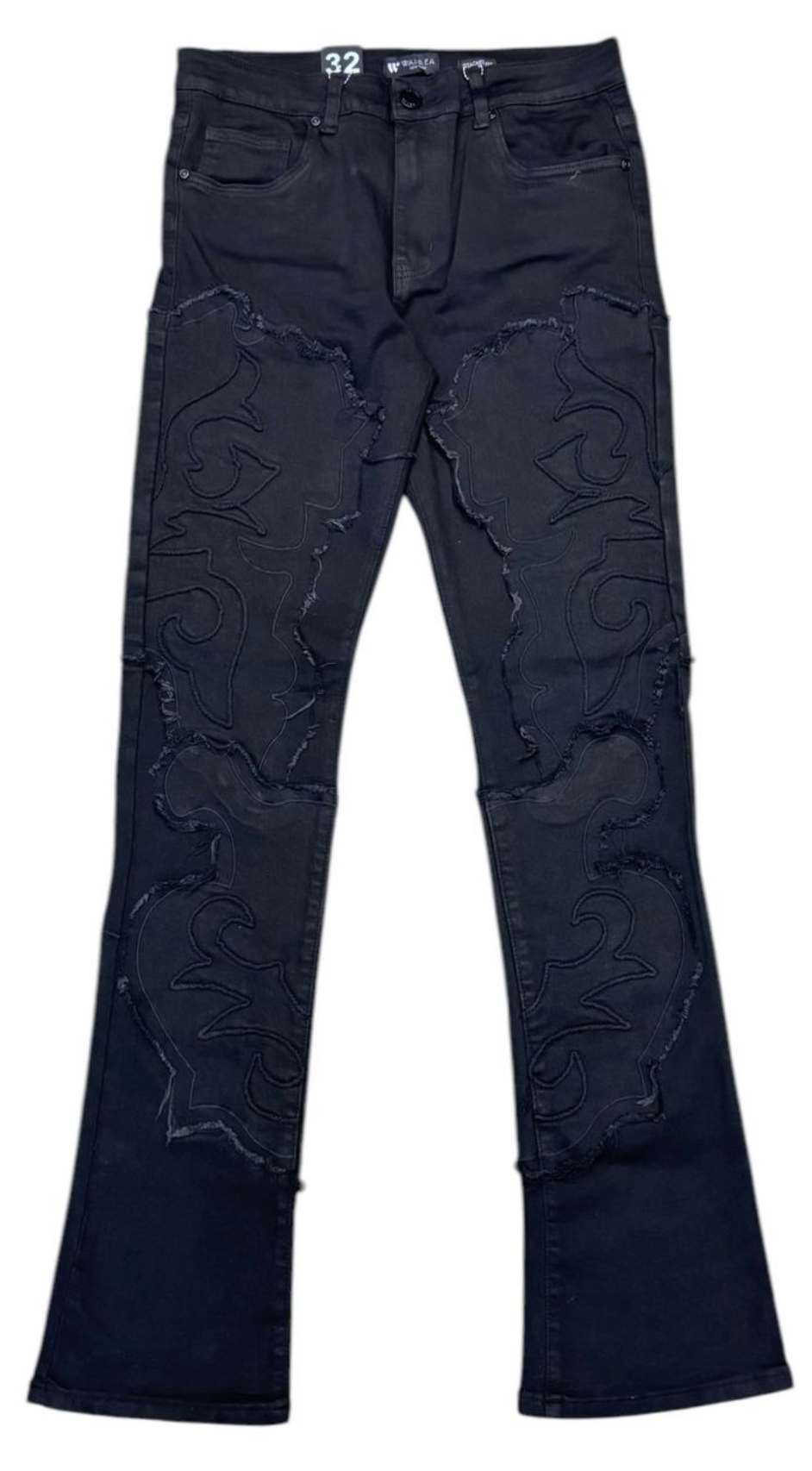 Patch and Frayed Stacked Jeans - Jet Black