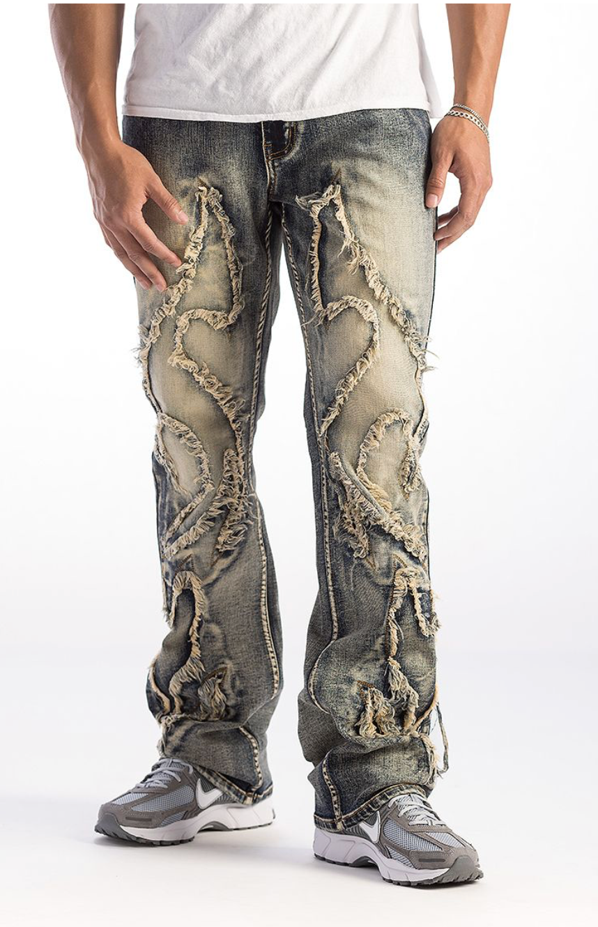 Premium Stacked Fray Jeans - Rust Blue