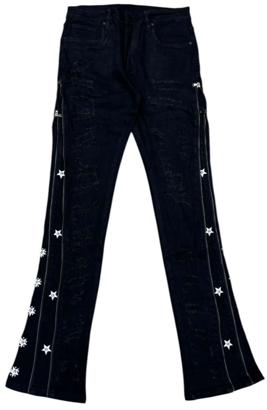 Star Zipper Stacked Jeans - Black
