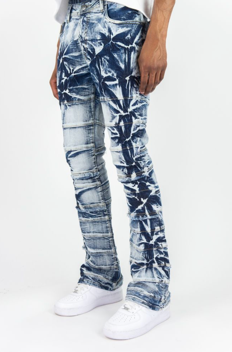 Washed Distress Stacked Denim Jeans - Polar Blue